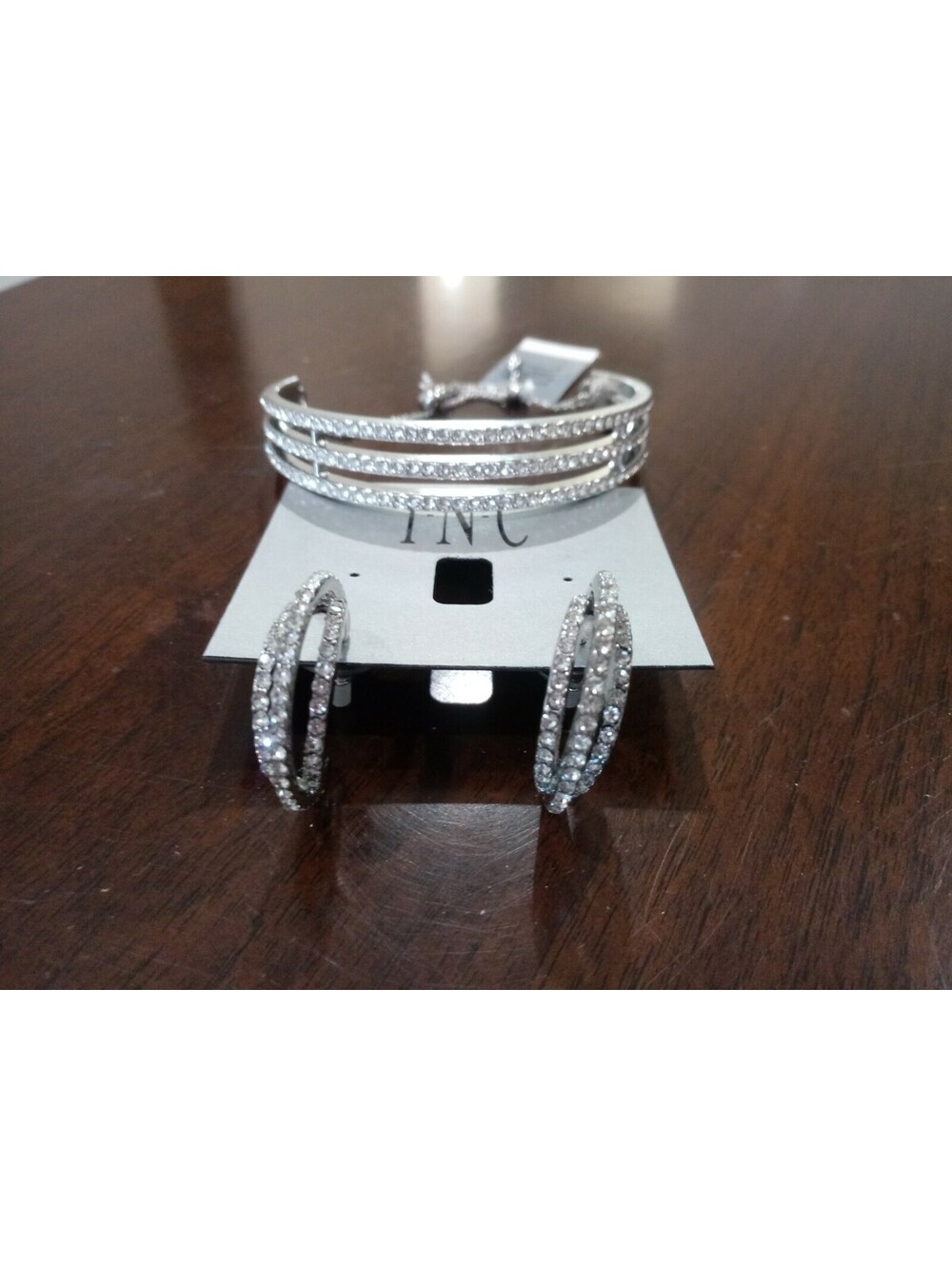 INC Concepts Silver Tone Pave Triple Row Slider Bracelet And Matching Earrings